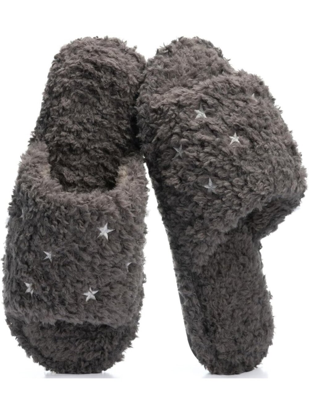 Women's Grey Star Memory Foam Open Toe Soft Faux Fur Non Slip Washable Slippers